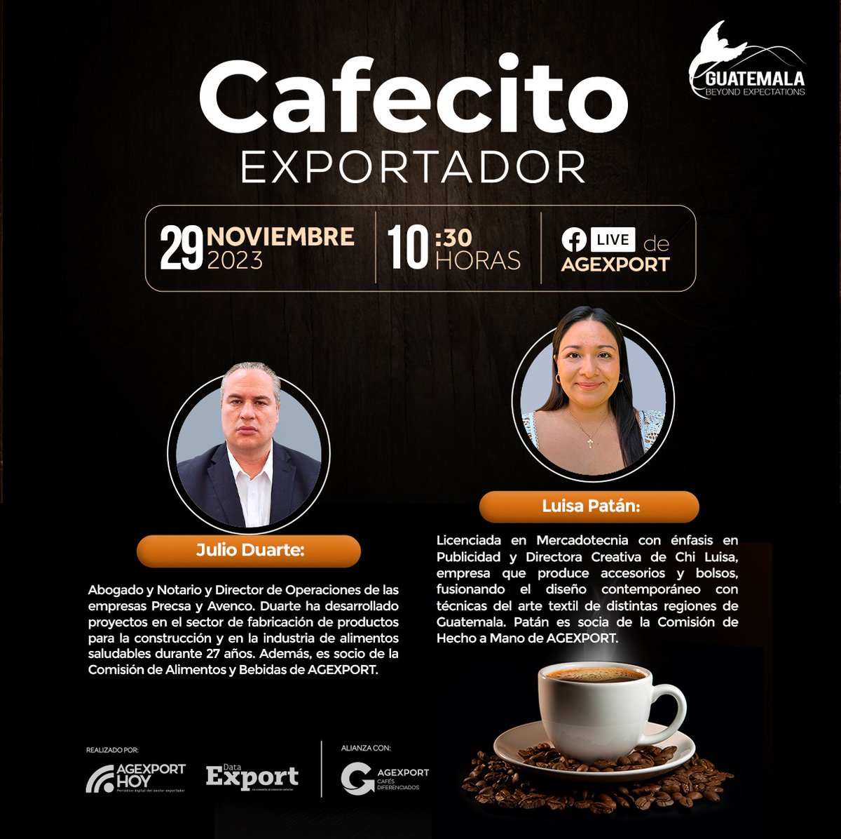 No se pierdan el #CafecitoExportador de @AGEXPORTGT  donde conoceremos el caso de éxito y de exportación de las empresas Precsa, Avenco y ChiLuisa. 
#ExportacionesGt @NotiAgexport @handmadegt