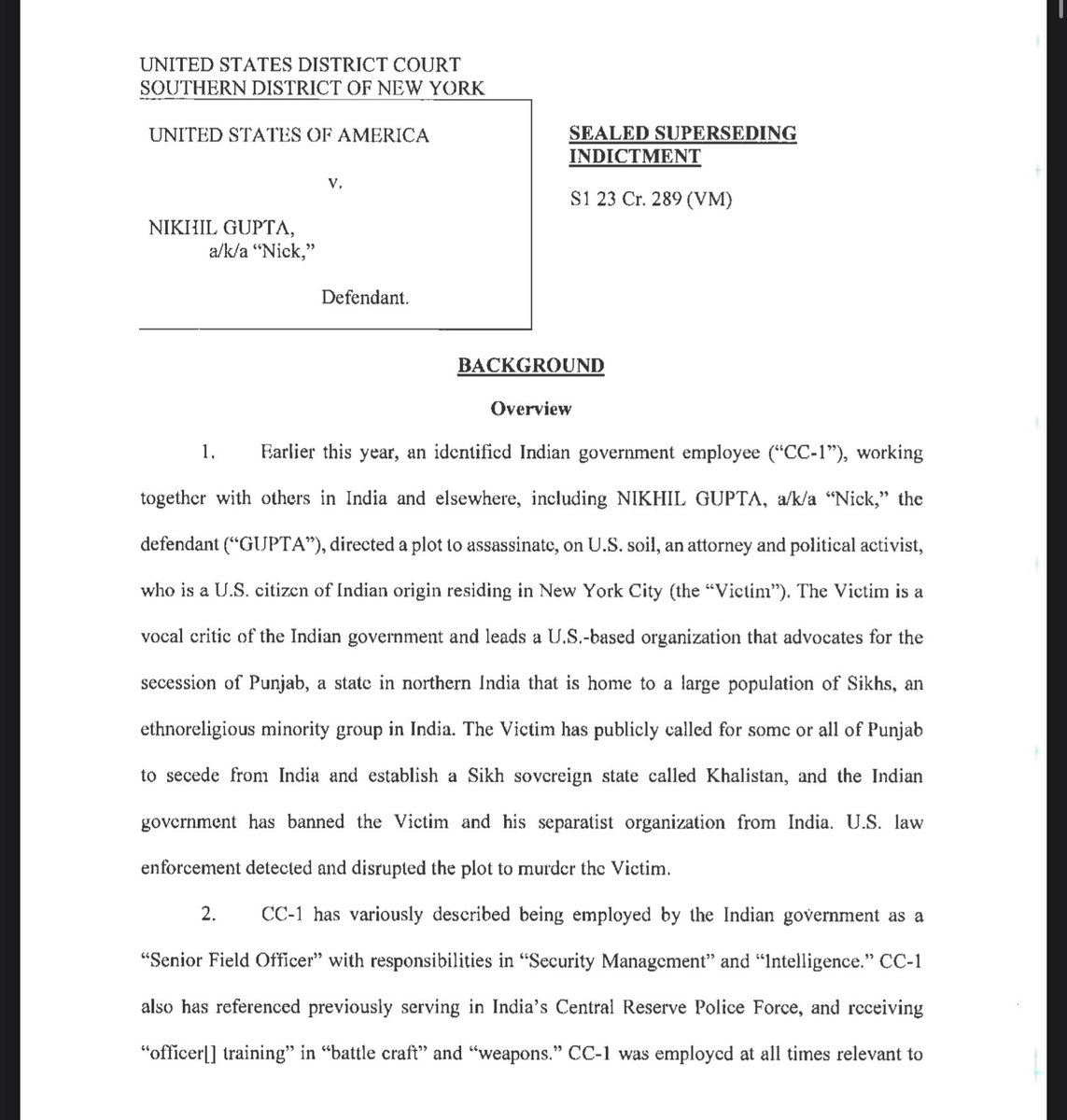This could help make at least an episode of Homeland! US prosecutors said Nikhil Gupta, 52, worked with the Indian govt employee to assassinate a US resident who advocated for a Sikh sovereign state in India. Court filing here - justice.gov/d9/2023-11/u.s…