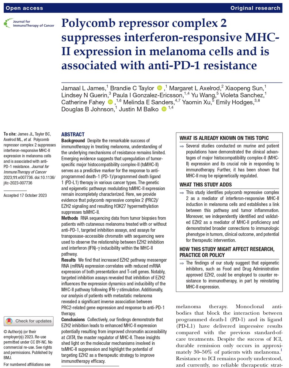 Let’s take a closer look at “Polycomb repressor complex 2 suppresses interferon-responsive MHC-II expression in melanoma cells and is associated with anti-PD-1 resistance” by @BCT255 @BalkoLab at @VUBasicScience @VUMCDiscoveries 1/9