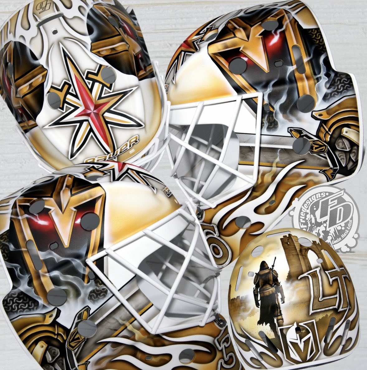 Friedesigns's tweet image. New mask for Logan Thompson of the @GoldenKnights A fun design to go with his #kipper style  #bauer setup! Thanks for the awesome project Logan! 📸: Golden Knights