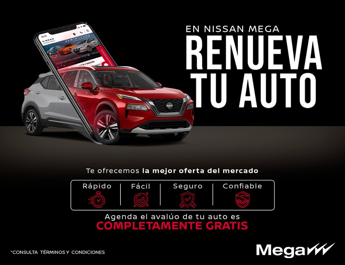 NissanMega's tweet photo. ¡Renueva tu auto en Nissan Mega!😎
Tenemos la mejor oferta del mercado🚗
✅Puedes vender y comprar o solo vender
✅Avalúo GRATIS
✅Trámites seguros, rápidos y confiables
Más información en: https://t.co/LThtpuiDG0 

*Consulta términos y condiciones

#Nissan #NissanMega #Renueva https://t.co/S9nIqdmXs1