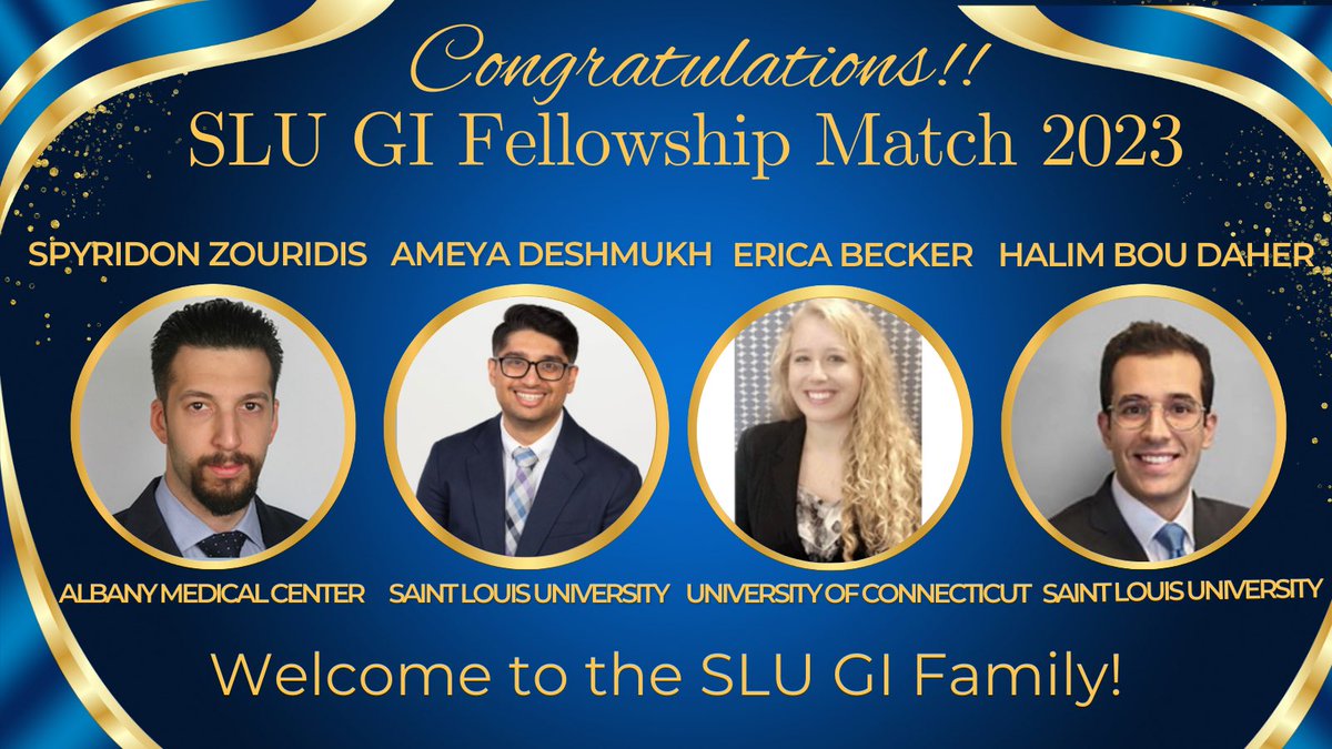 SLU Gastroenterology & Hepatology (@slugastro) on Twitter photo 🔥 🚨 We are excited to welcome these excellent incoming fellows to the SLU GI family! 🎉 🎉
Congratulations to all those who matched into #GIFellowship today! #futureofGI #GItwitter
<a href="/SpyrosZouridis/">Spyridon Zouridis, MD PhD(c)</a> <a href="/HBoudaher/">Halim BouDaher</a> <a href="/EricaBeckerMD/">Erica C Becker MD</a> @ADeshmukhDO 🔥 🚨 We are excited to welcome these excellent incoming fellows to the SLU GI family! 🎉 🎉
Congratulations to all those who matched into #GIFellowship today! #futureofGI #GItwitter
<a href="/SpyrosZouridis/">Spyridon Zouridis, MD PhD(c)</a> <a href="/HBoudaher/">Halim BouDaher</a> <a href="/EricaBeckerMD/">Erica C Becker MD</a> @ADeshmukhDO