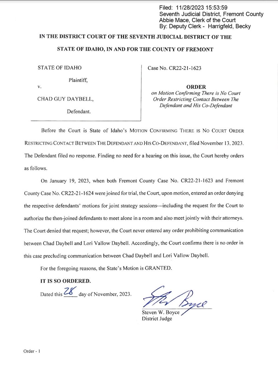 A second Order Confirming that #ChadDaybell and #LoriVallow ARE allowed to talk to each other.