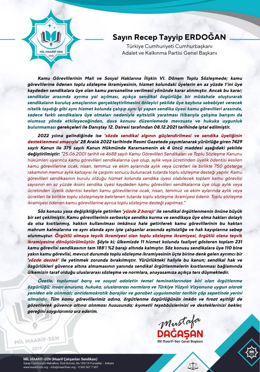Sayın Cumhurbaşkanımız @RTErdogan Kamu Görevlilerinin Mali ve Sosyal Haklarına İlişkin VI. Dönem Toplu Sözleşmede; kamu görevlilerine ödenen toplu sözleşme ikramiyesinin, hizmet kolundaki üyelerin en az yüzde 1'ini üye kaydeden sendikalara üye olan kamu personeline verilmesi…