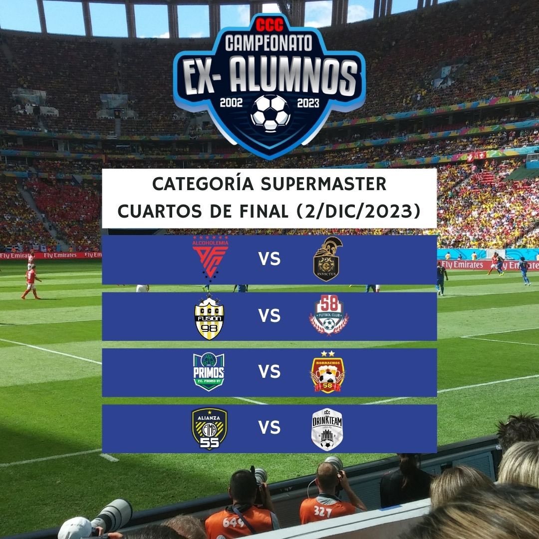 AlcoholemiaFC's tweet image. Este Sábado 2 de Diciembre desde las 10:00 am comienzan los cuartos de final de la categoría #SuperMaster los partidos se jugarán en la Cancha 1.

#Campeonato2023
#ExAlumnosCCC ⚽️🏃🏻‍♂️🏆🥇
#AlcoholemiaFC2023
#ColegioCristobalColon
#Promo56 #AdSupernaIntenti
#Guayaquil #Ecuador 🇪🇨