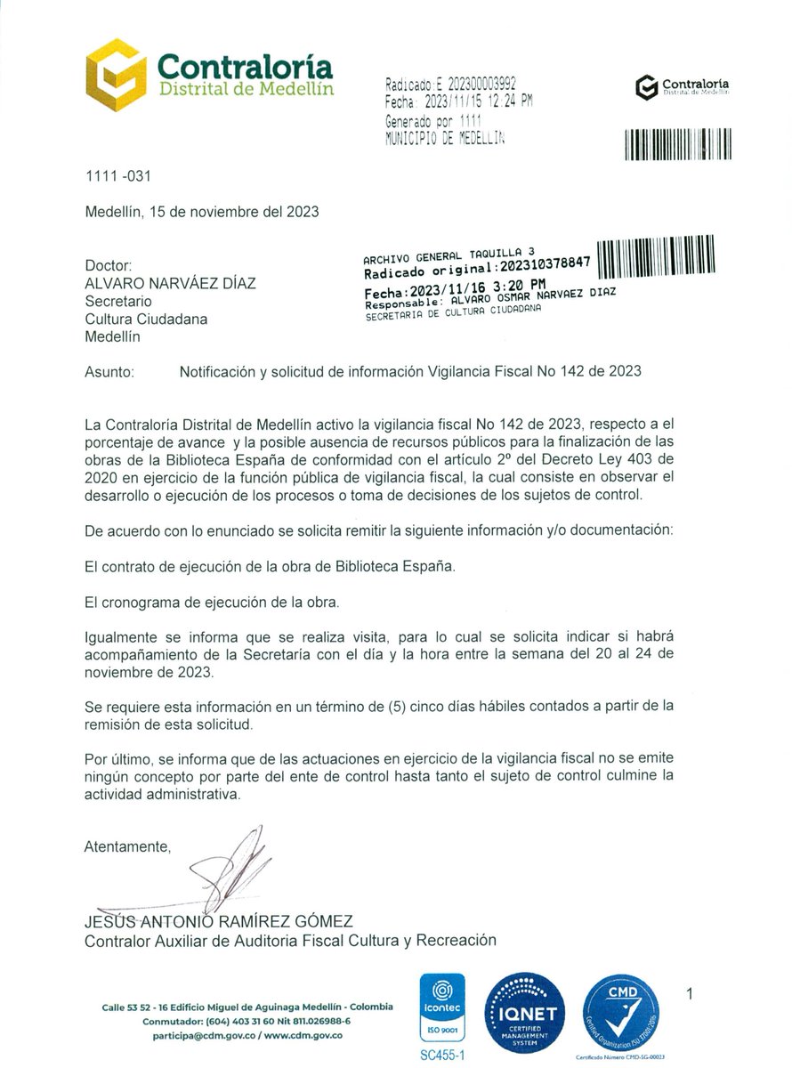 Tyche78Tyche's tweet photo. Recuerdan la Biblioteca España con la que tanto ruido hizo? pues acá la historia 🍿. Mediante oficio con radicado 202310378847, JESUS ANTONIO RAMIREZ GOMEZ Contralor Auxiliar de Auditoria Fiscal Cultura y Recreación, solicita información a ÁLVARO NARVAEZ, Secretario de cultura https://t.co/ySHgcG7b3z