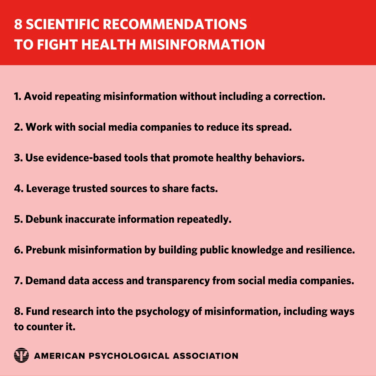 We can all help curb the spread of #misinformation. Experts offer these research-based recommendations for scientists, policymakers, media, and the public to counter a growing problem.

Read APA's new report: at.apa.org/0sv
