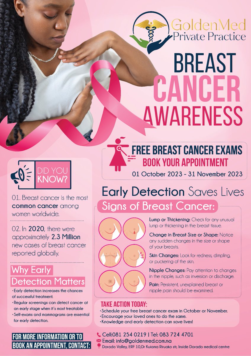 GoldenMed_Prac's tweet photo. Join us as we continue in the fight against breast cancer! Throughout the month of Oct &amp;Nov, we are offering FREE breast exams at our practice and teaching women how to do self breast exams.  Schedule your free breast exam 0812540219. 📍Dorado Valley(inside Dorado medical centre https://t.co/6MIVagbnYs