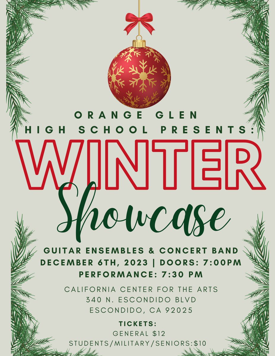 Don’t miss a great way to get into the holiday spirit! @ehscougars, @OrangeGlen, & @SanPasqualHS are holding their winter concerts next week. Tickets available at the ticket box or online at artcenter.org/events/ 12/4, SPHS, 7:30 pm 12/5, EHS, 7:30 pm 12/06, OGHS, 7:30 pm