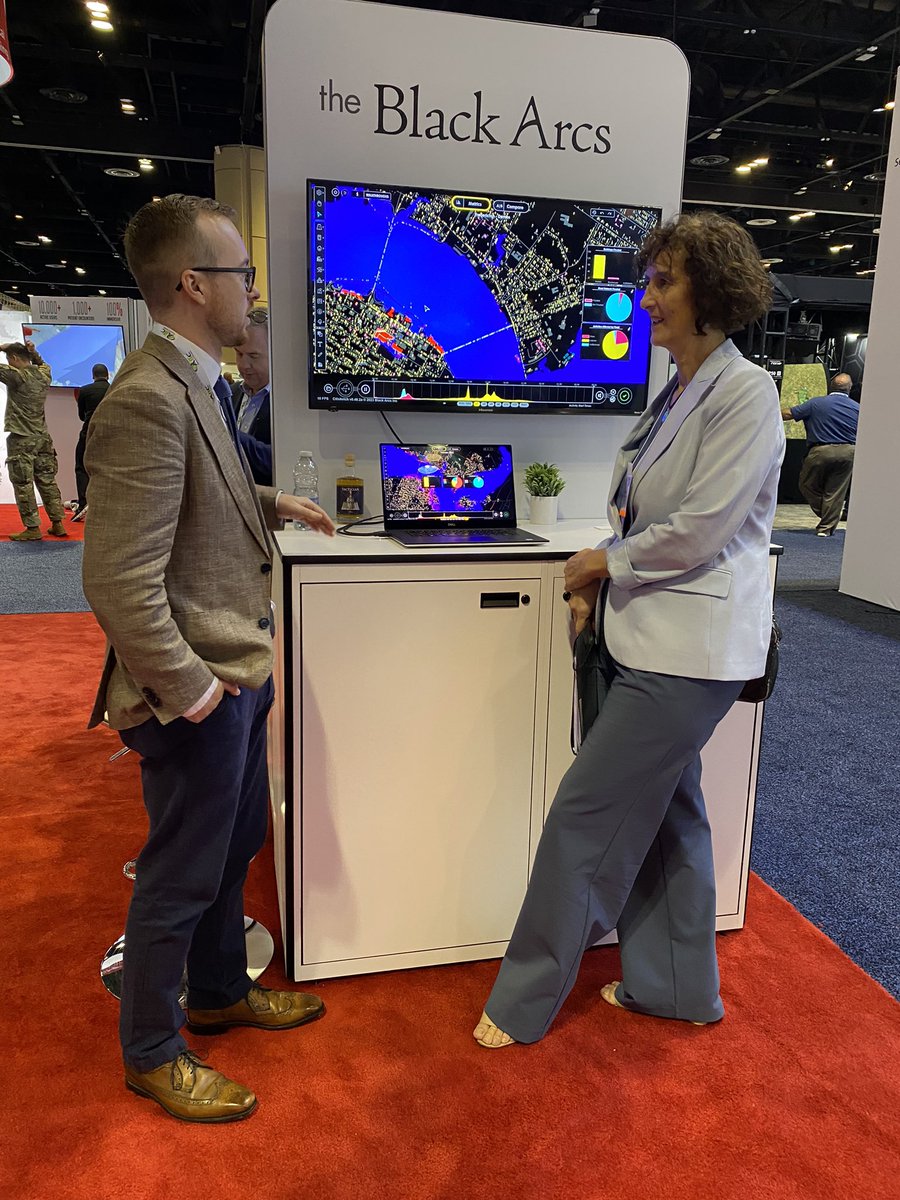 Canada’s Consul General <a href="/CanadianHOM/">Sylvia Cesaratto</a> meeting with <a href="/blackarcs/">Black Arcs</a> at #IITSEC2023 and discussing technology that can not only help the defense industry simulate different scenarios, but also applications for climate resiliency.