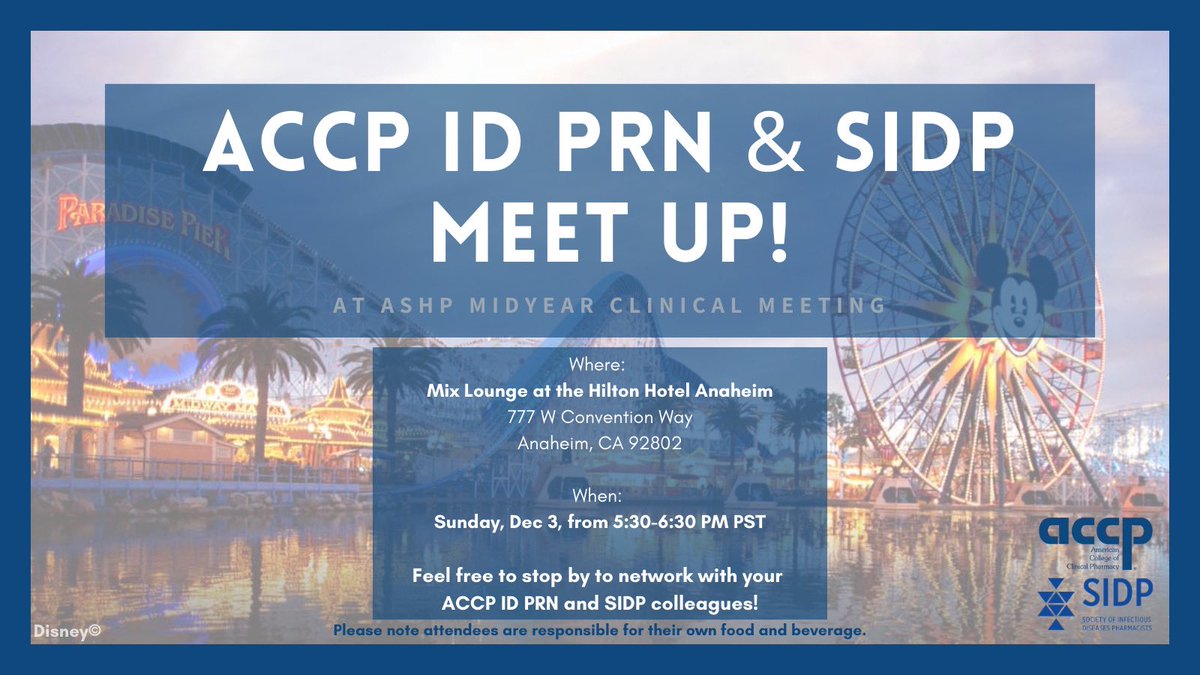 Headed to Anaheim this weekend for #ASHP23!? 💊🌴🎡

Feel free to stop by to network with your #IDPRN and <a href="/SIDPharm/">SIDP</a> colleagues! Details below:

📍Mix Lounge at Hilton Hotel Anaheim
      777 W Convention Way
      Anaheim, CA 92802
🗓️Sun, Dec 3, at 5:30-6:30PM PST