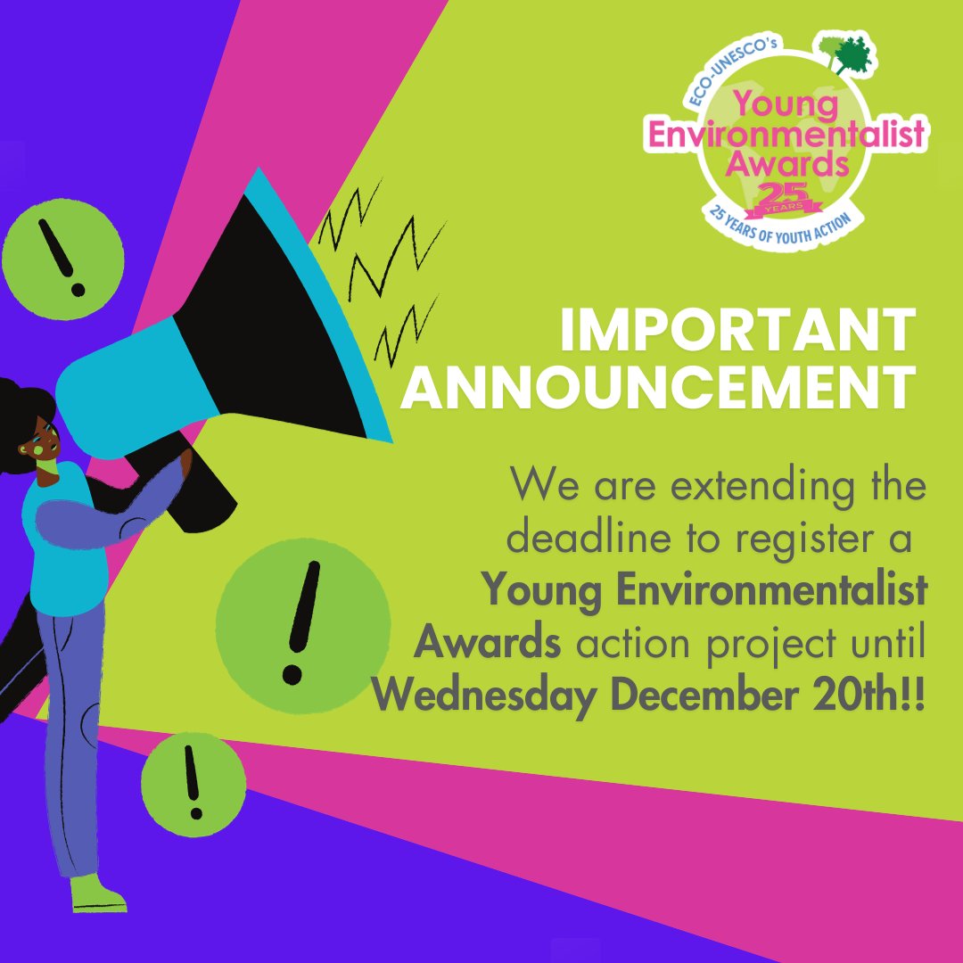 📣 We are delighted to announce that we are extending the deadline to register an action project in the 2024 Young Environmentalist Awards until Wednesday, 20th of December!
Click the link to register today!ecounesco.ie/young-environm…

#sdgs #sdgirl #yea24 #climateaction