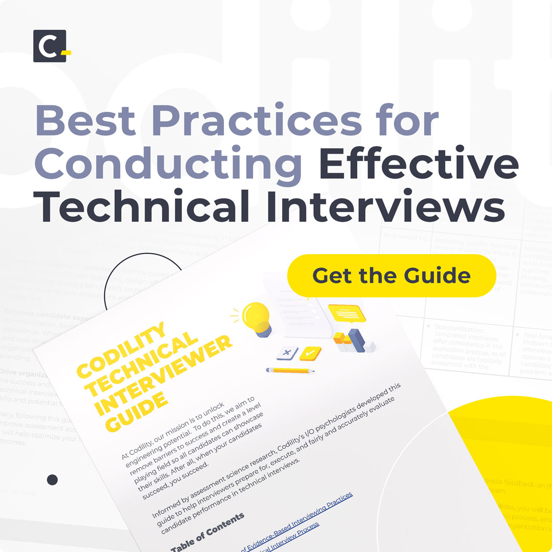 codility's tweet image. #TechnicalInterviews are 🔑  to evaluating #engineering candidates, but bias &amp;amp; inconsistencies can lead to costly #hiring errors.💰 

That&apos;s why we&apos;ve developed our Technical Interviewer Guide, backed by rigorous #assessmentscience research.

Read it here: bit.ly/3SnFmM0