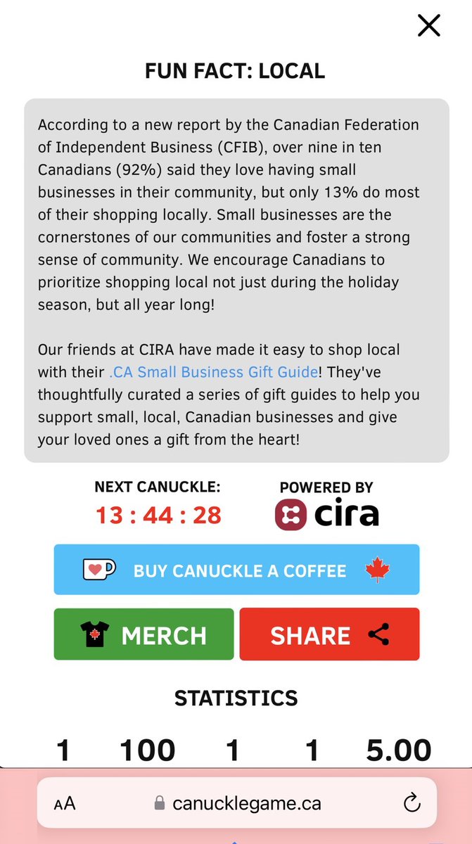 Thrilled to see <a href="/CanuckleGame/">Canuckle 🇨🇦</a> highlighting CFIB's research on supporting small business as today's Fun Fact!

Thanks for spreading the word on the importance of shopping locally, during this holiday season and all year long! 🛍️❤️