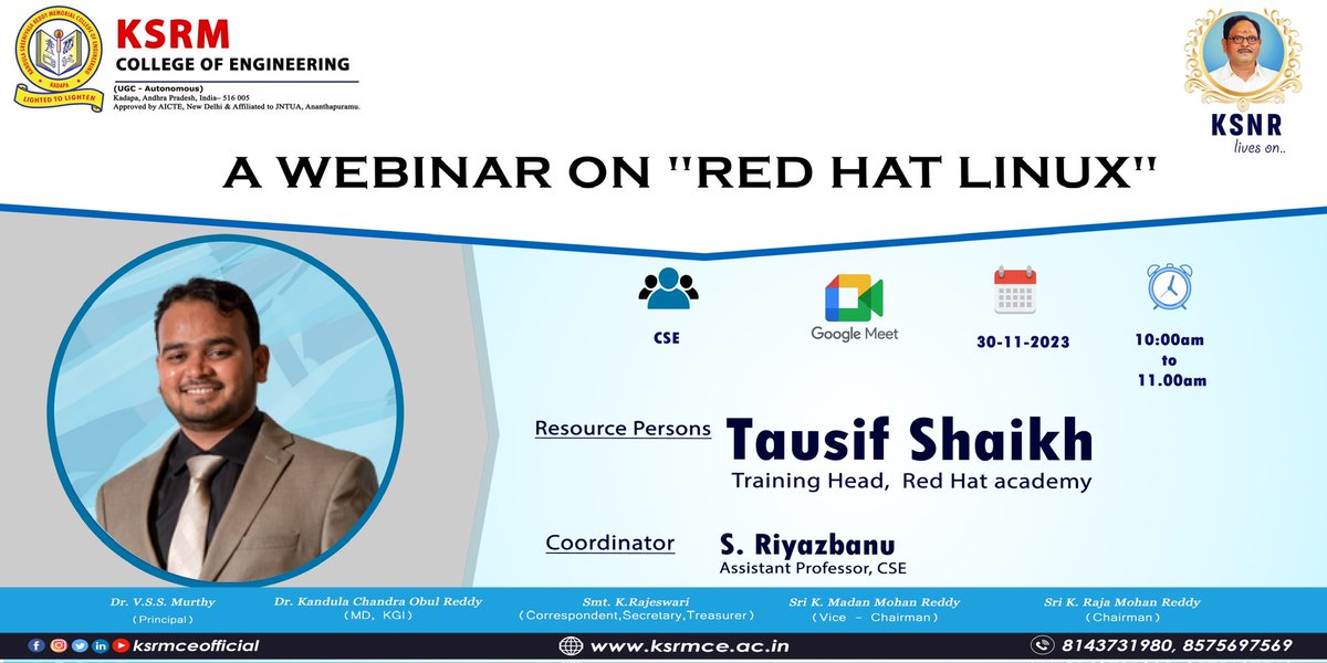 ksrmceofficial's tweet image. Department of CSE organising a webinar on red hat linux on 30 November 2023

#ksrmcse #redhat #redhatlinux #ksrm #ksrmce #kandulagroups #engineering #kadapa #aicte #jntua #IntiativesofMHRD #ugc #iic