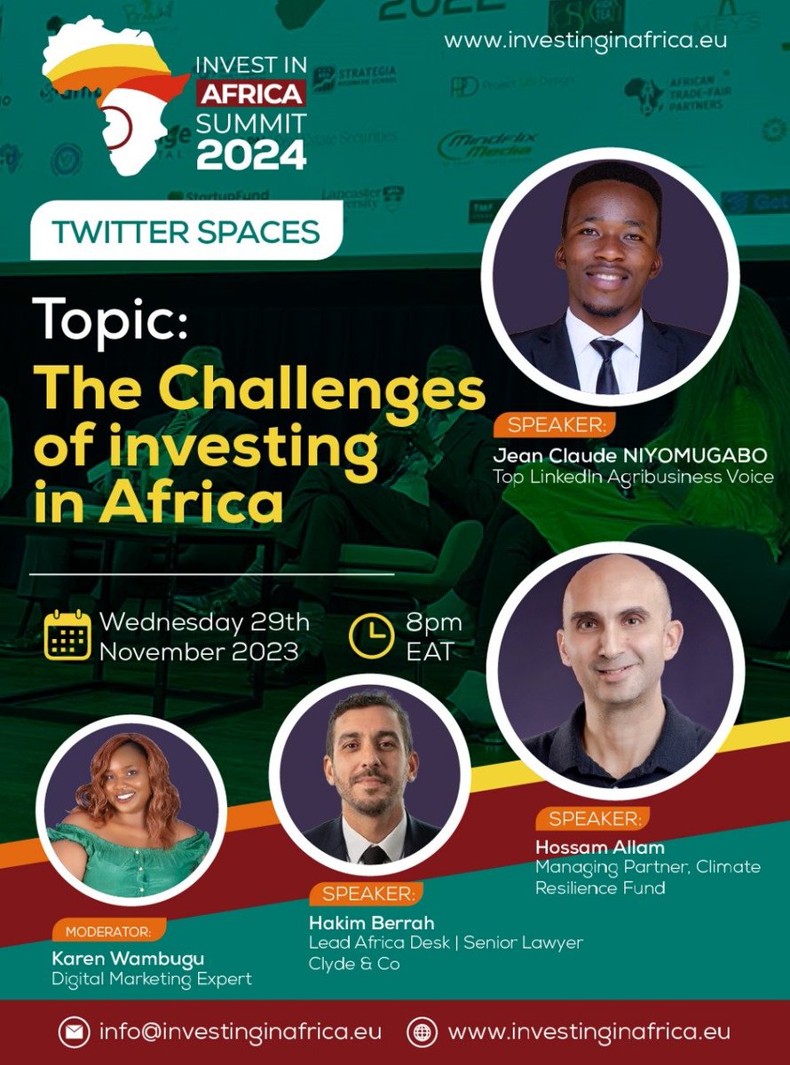 I've moderated many events, but tonight's space has me super excited. Africa, a rich continent, still faces immense challenges. Why? Join the 
<a href="/InvestInAfric/">InvestingInAfrica</a> Twitter Space happening now! 
<a href="/HakimBerrah/">Hakim Berrah</a> <a href="/samallam/">Hossam Allam</a> <a href="/jcniyomugabo/">Jean Claude NIYOMUGABO</a> 

Join now x.com/i/spaces/1nAJE…
