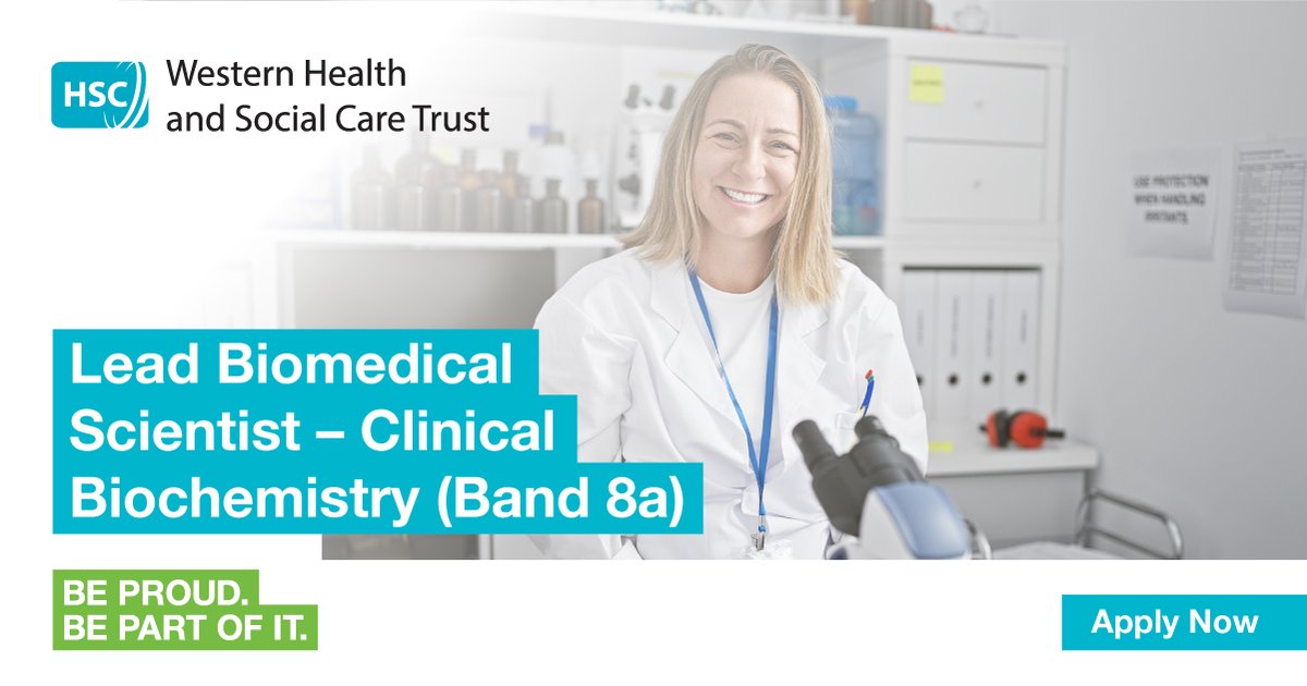 HSCworkforce (@hscworkforce) on Twitter photo The <a href="/WesternHSCTrust/">Western Trust</a> are recruiting for a full-time, permanent, Lead Biomedical Scientist (Management & Operational) Band 8a to be based within Unscheduled Care, Medicine, Cancer & Clinical Services at Altnagelvin Hospital in Derry/Londonderry.
Apply now: hubs.ly/Q02bnpSV0 The <a href="/WesternHSCTrust/">Western Trust</a> are recruiting for a full-time, permanent, Lead Biomedical Scientist (Management & Operational) Band 8a to be based within Unscheduled Care, Medicine, Cancer & Clinical Services at Altnagelvin Hospital in Derry/Londonderry.
Apply now: hubs.ly/Q02bnpSV0
