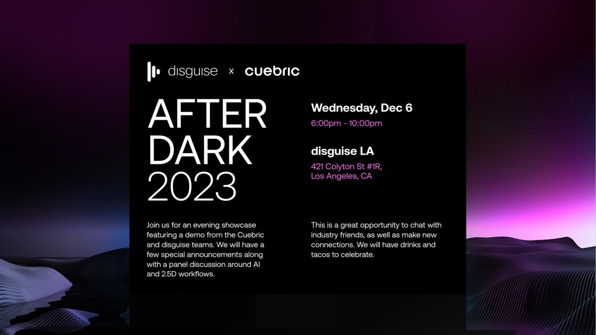 Come to <a href="/cuebric/">Cuebric</a> and <a href="/disguise_one/">Disguise</a> big reveal in Los Angeles on December 6th. We're about to change the Virtual Production world and we want you there. Only 150 seats are available, so make sure to book yours if you haven't already. eventbrite.co.uk/e/disguise-aft… #virtualproduction