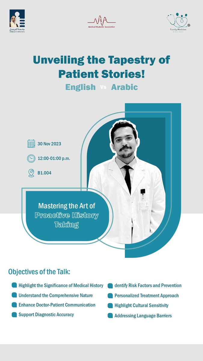 fmig_au's tweet photo. Join us for a session on "Mastering the Art of Proactive History Taking" on November 30th, Thursday. Dr. Abdulla Alhwimani, Family Medicine Resident at KFSHR&amp;RC will delve into techniques, &amp; nuances of proactive history taking, enriching your skills in patient interaction and Dx. https://t.co/tADko4Vinj
