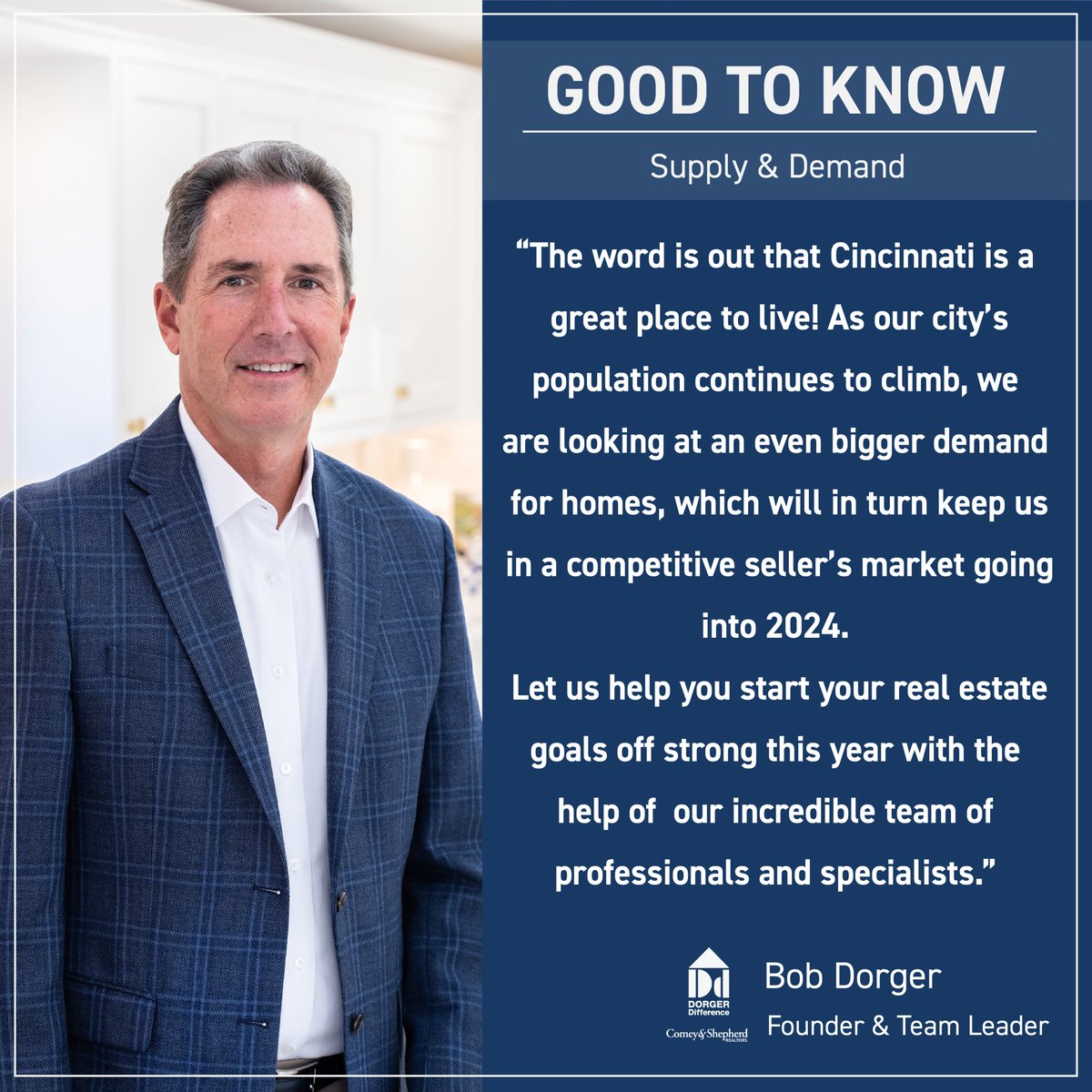 DorgerDiff's tweet image. GOOD TO KNOW: SUPPLY &amp;amp; DEMAND
Demand for housing continues to rise, pushing the median sale price in Cincinnati to increase by 4.5% since last year (redfin.com). This combined with  increasing population will most likely keep Cincinnati’s housing market competitive.