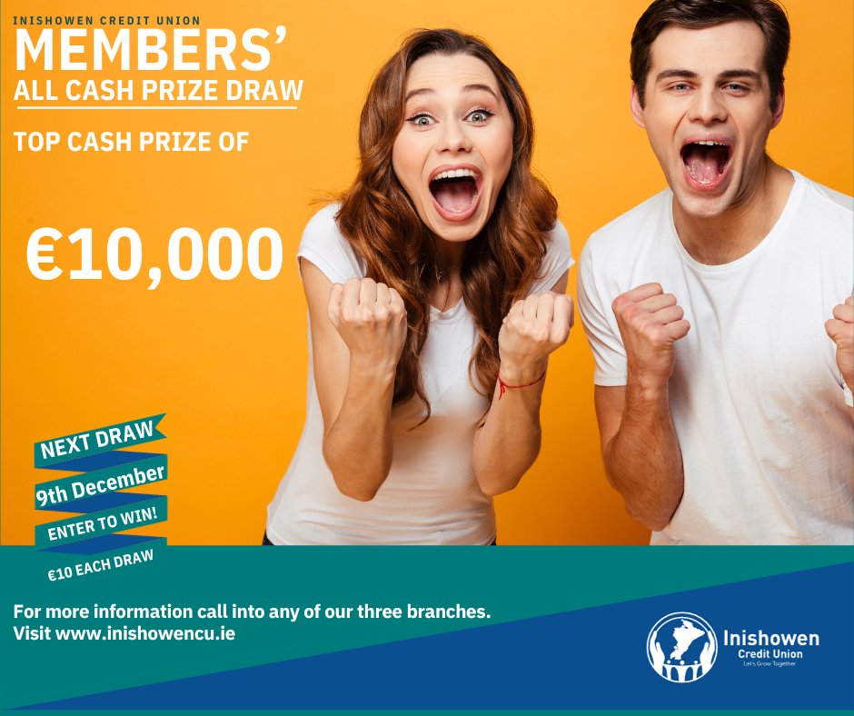 Closing date for this draw is Saturday 2nd of December at 2pm.
Don't miss out.
For more information and to download a ticket visit inishowencu.ie/Member-prize-d…