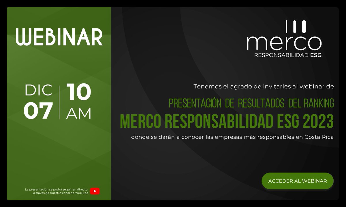 📢Presentación #MercoESGCostaRica2023, con las empresas más responsables. Expondrán el ranking Luis Álvarez, director de Merco Costa Rica, y José Manuel Lancha, director corporativo de Merco. ¡Os esperamos! 📅7/12 ⌚10:00h 🔴Síguelo desde Zoom o YouTube: us02web.zoom.us/meeting/regist…