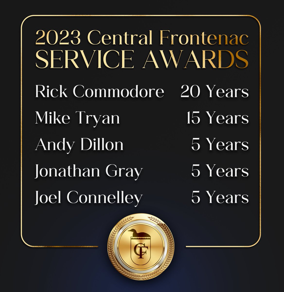 The Township of Central Frontenac would like to congratulate our 2023 years of service award recipients.

Thank you for your many valuable contributions throughout the years!