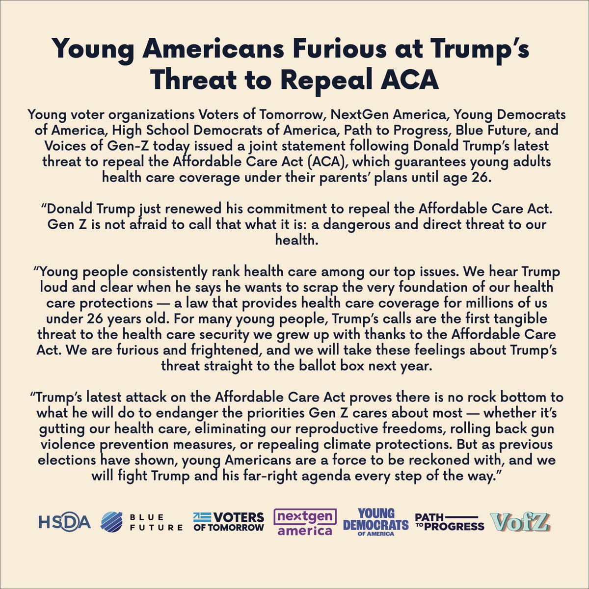 Young Americans are furious at Trump’s threat to repeal the Affordable Care Act.

Read our new joint statement with @NextGenAmerica, @youngdems, @hsdems, @PathToProg, @BlueFutureNow, and @vofgz.