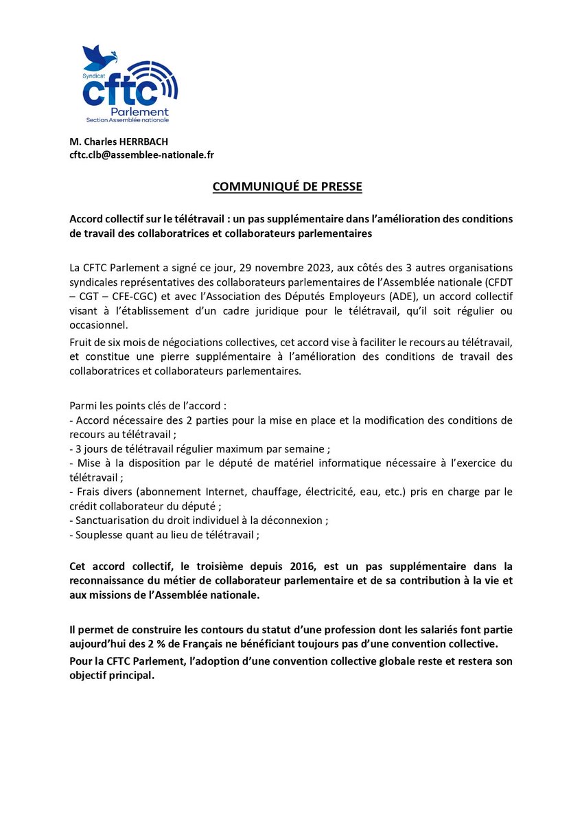 CFTC_Parlement's tweet photo. Journée importante pour les collaborateurs parlementaires de l’@AssembleeNat : l’accord collectif signé aujourd’hui sur le télétravail est un pas de plus dans l’amélioration des conditions de travail, en attendant une convention collective globale.
#directAN https://t.co/IY6ALYqz1n