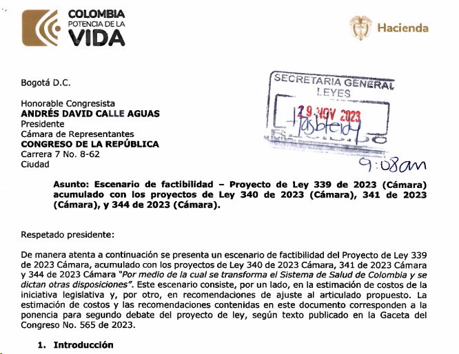 mfcruzv's tweet photo. Minhacienda no otorga aval fiscal reforma. Envía documento denominado "Escenario de factibilidad de PL 339 de 2023". 

Señala que valdrá 140 billones en próxima década. Sin estimar servicios sociales, pasivos con la red, ni crecimiento del gasto por contratación por evento. https://t.co/0KhKn22DMO