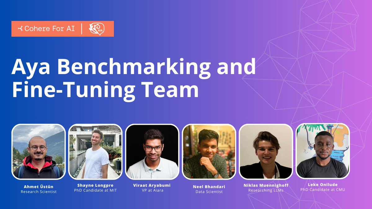 Shout out the the Aya benchmarking and fine-tuning team! 👏

This group has been collaborating for the past year to challenge the state-of-the-art in source multilingual AI models.

@ahmetustun89 @ShayneRedford @viraataryabumi @NeelBhandari9 @Muennighoff @lekeonilude
