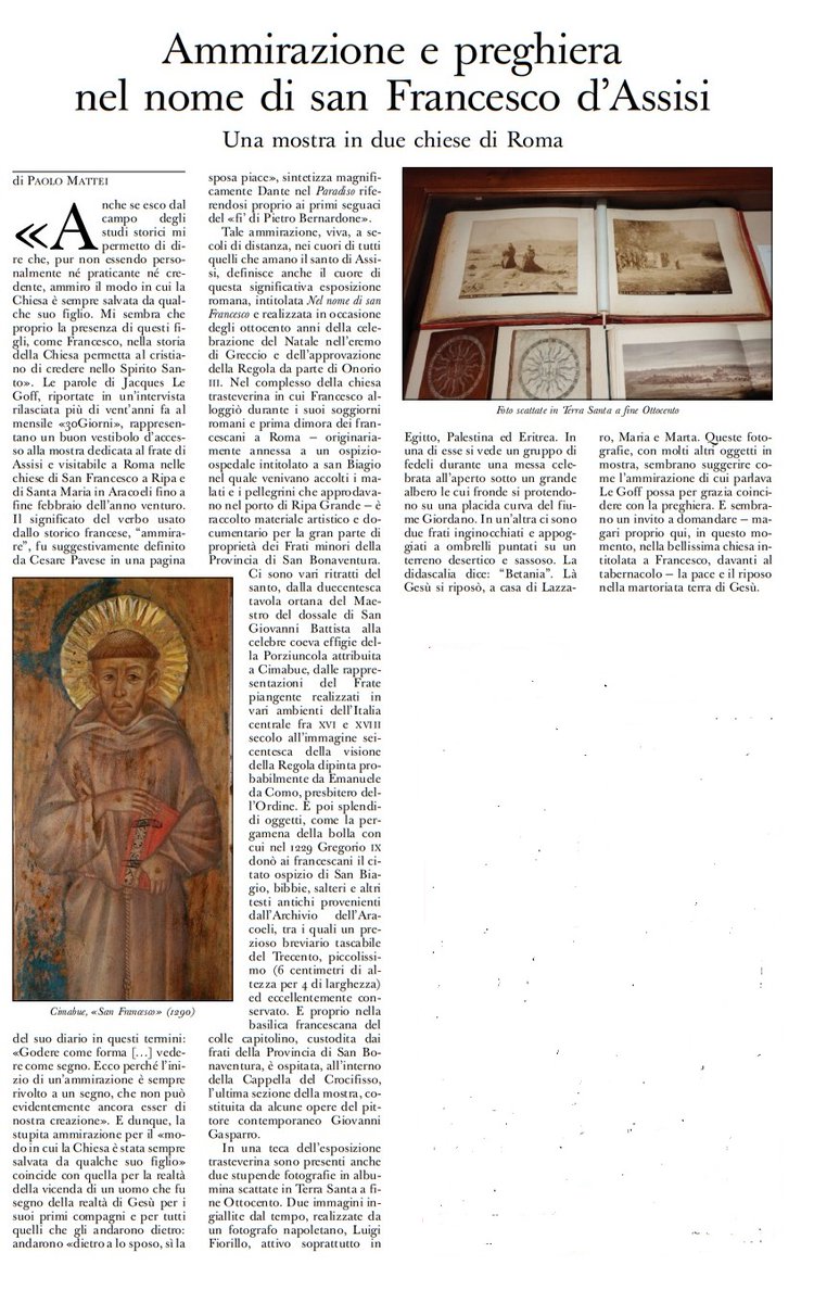 AMMIRAZIONE E PREGHIERA NEL NOME DI SAN FRANCESCO
La mostra allestita in due chiese di Roma a ottocento anni da Greccio e dall'approvazione della Regola

dall'Osservatore Romano di oggi