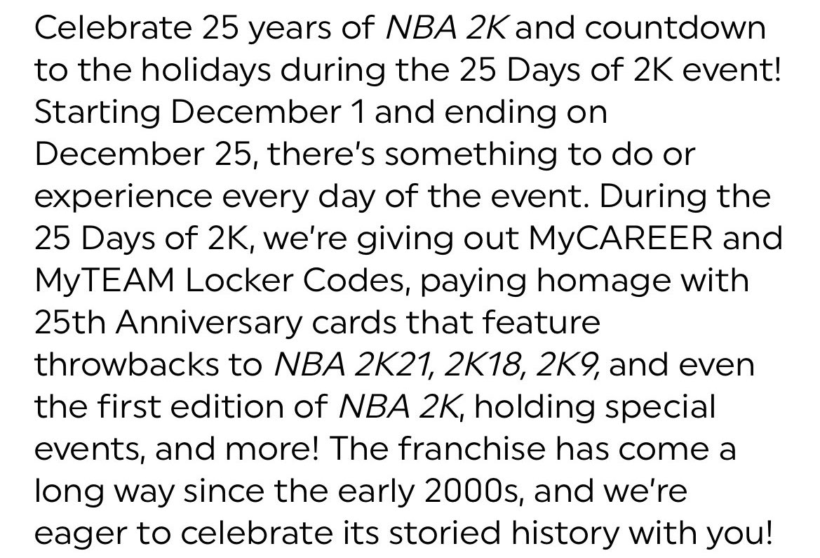 JABridgeforth's tweet photo. 25 Days of 2K Event 👀

- 12/01/2023 to 12/25/2023
- Locker Codes featuring throwbacks to NBA 2K21, 2K18, 2K9, and the first NBA 2K
- Special Events
- And More

#NBA2K24

(via @NBA2K) https://t.co/0TIAfiLm0H