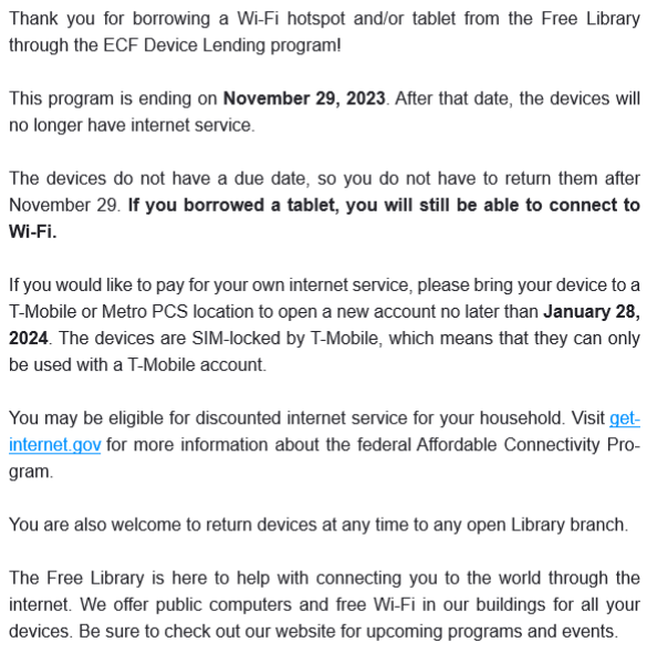 FumoFamLibrary's tweet image. Those who borrowed a hotspot and/or tablet from The Free Library of Philadelphia should have received this email notice regarding your device. 

Here's a reminder on what to do now: