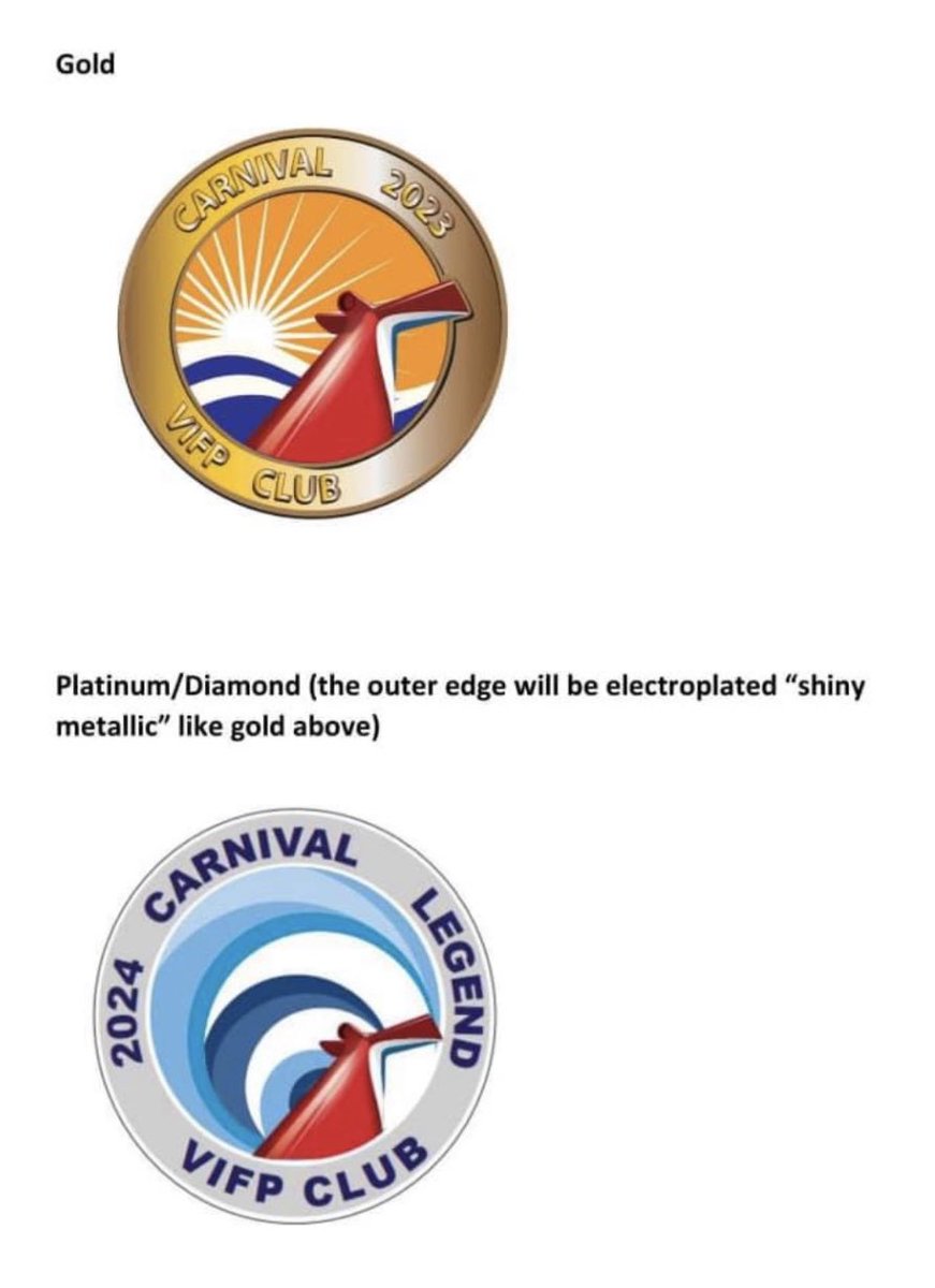 thiscruiselife's tweet photo. New VIFP pins are coming starting in January 2024. @CarnivalCruise be releasing this new design with Gold maintaining the generic design and Platinum/Diamond will be ship-specific.
What do you think of this new design?
#vifp #loyaltystatus #cruiseloyalty https://t.co/iwh13uWpTh