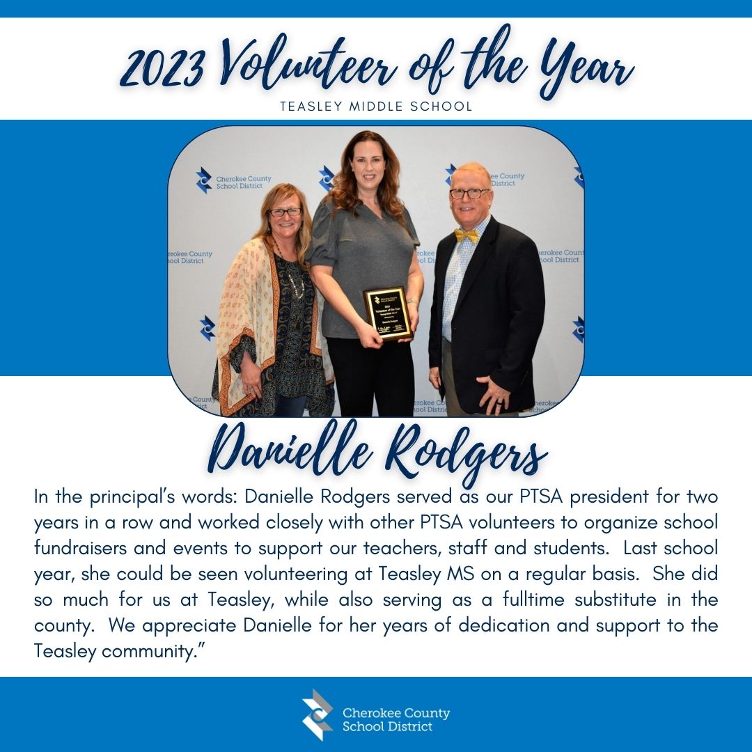 Volunteers make a positive difference in our schools, which is why we spotlight them here ... congratulations to Teasley Middle School 2023 Volunteer of the Year: Danielle Rodgers! #CCSDfam