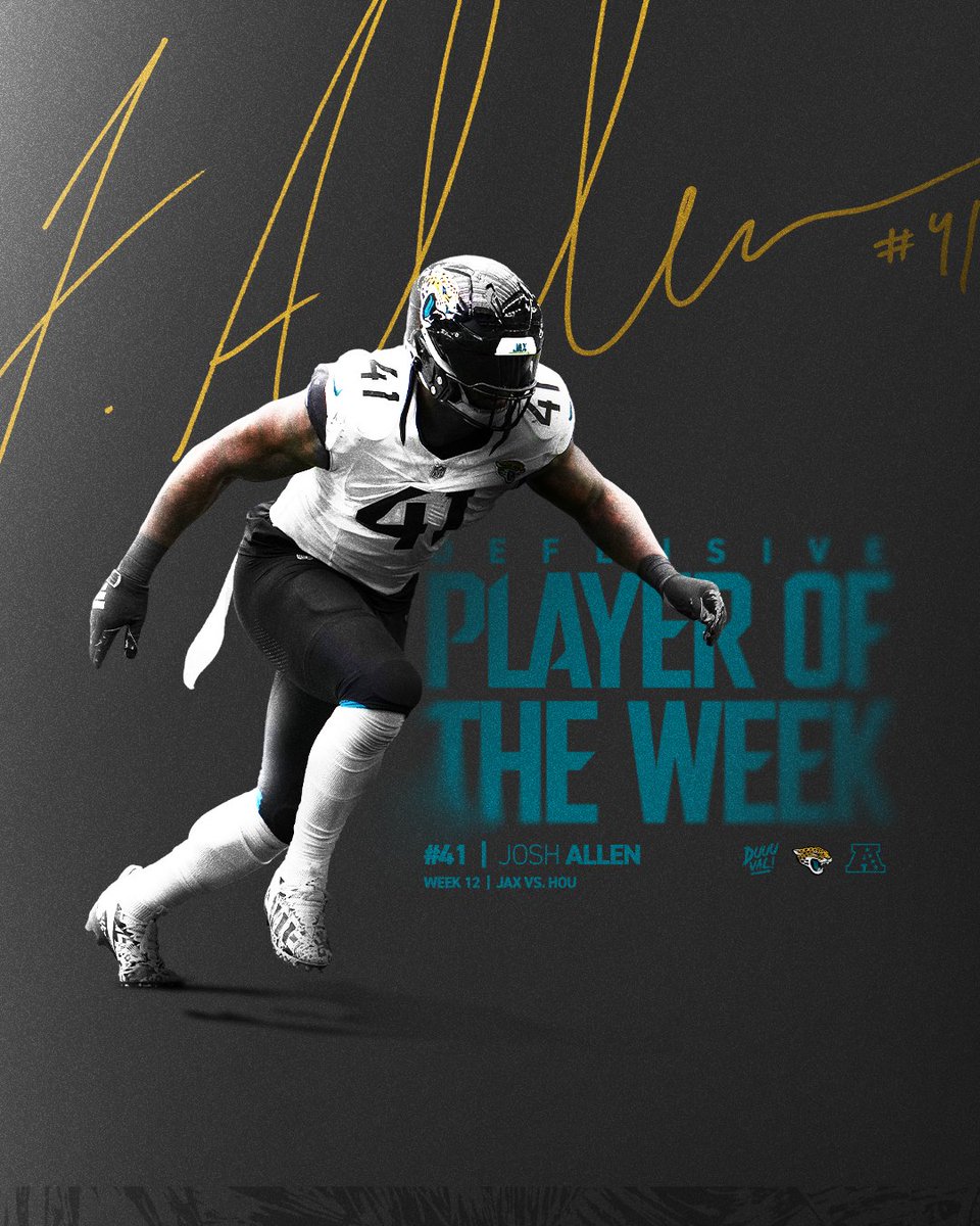 Jaguars's tweet photo. 2.5 sacks when it mattered most. 

@JoshAllen41_ is your AFC Defensive Player of the Week! https://t.co/6569vW8AiB