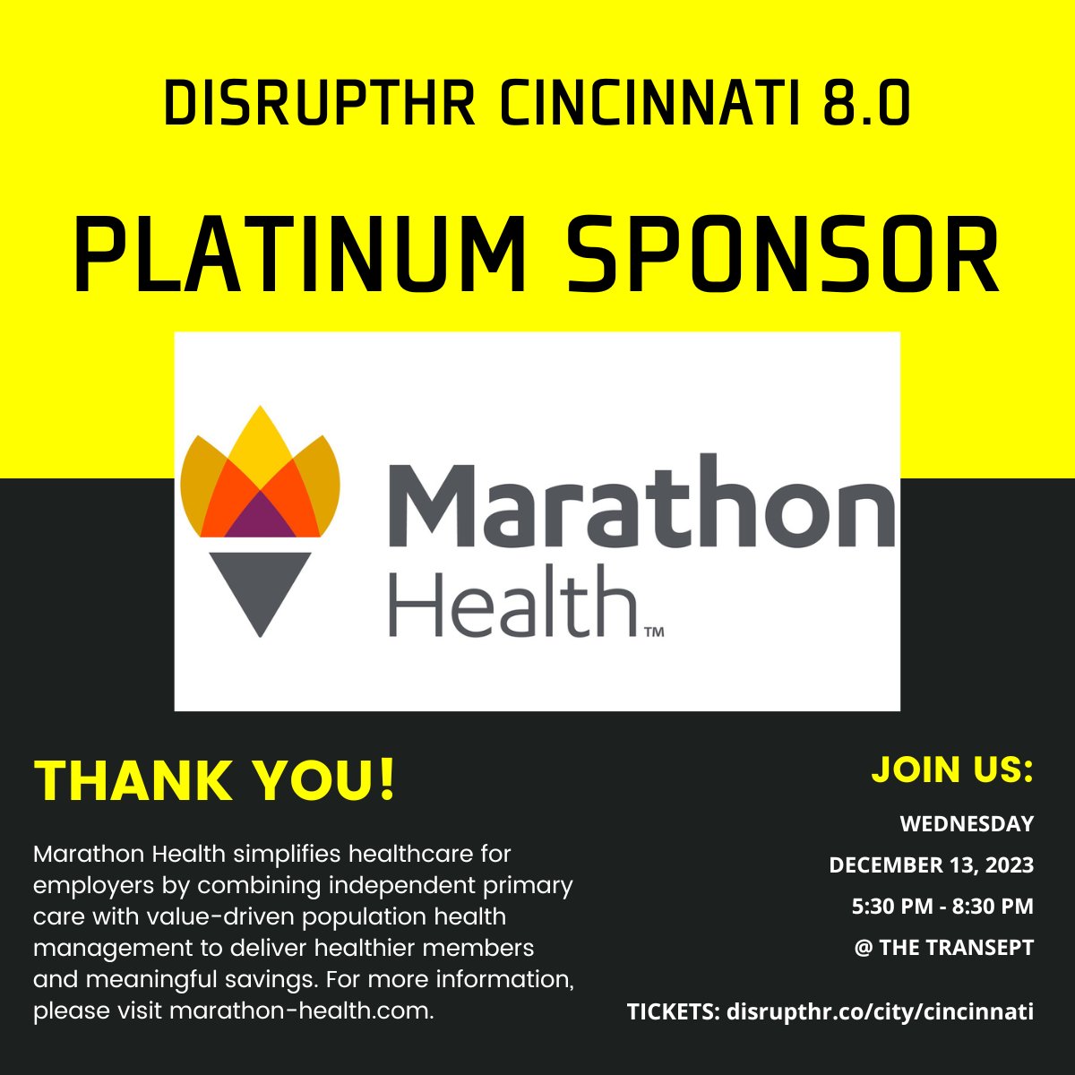 We're excited to announce <a href="/MarathonHealth/">Marathon Health</a> as our PLATINUM SPONSOR for DisruptHR Cincinnati 8.0 on December 13th at The Transept!

Learn more about the services that Marathon Health provides by joining us at the event + visiting marathon-health.com/?utm_campaign=….

#DisruptHRCincy