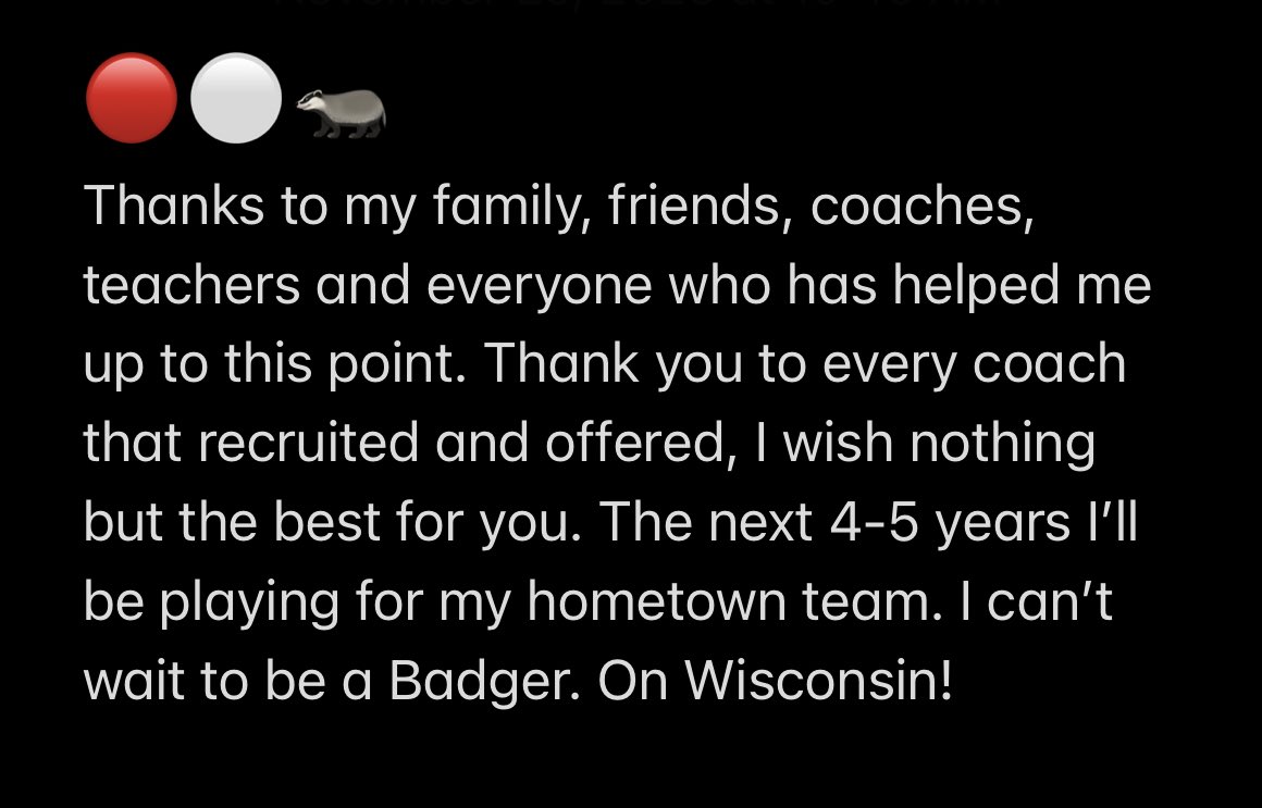 Committed!!! 🔴⚪️🦡 <a href="/BadgerFootball/">Wisconsin Football</a> <a href="/WisFBRecruiting/">Wisconsin Badgers Football Recruiting</a> <a href="/CoachFick/">Luke Fickell</a> <a href="/CoachHitsch/">Colin Hitschler</a> <a href="/PatLambert13/">Pat Lambert</a>