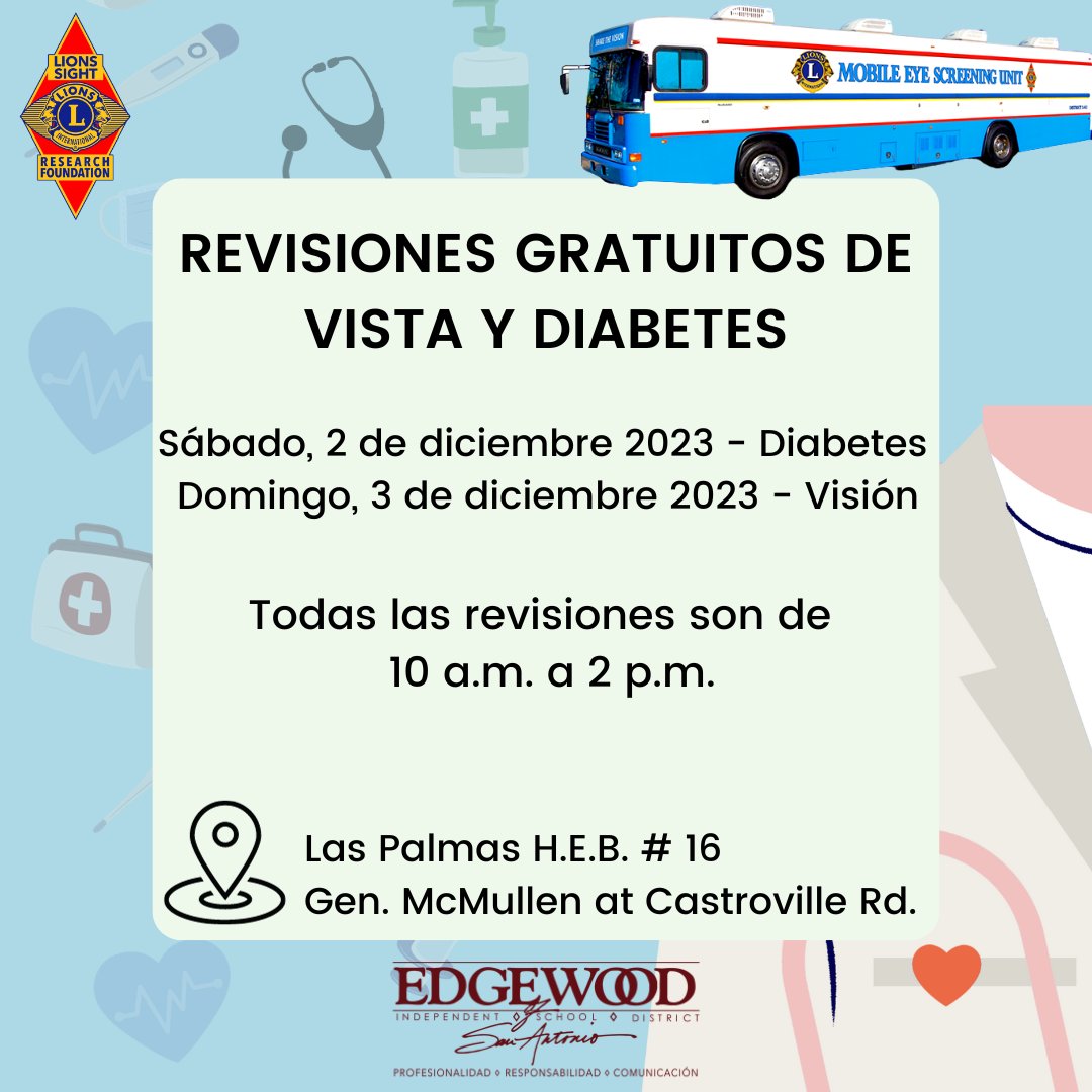 Free Vision &amp; Diabetes Screenings this weekend 🏥 
Revisiones gratuitos de vista y diabetes este fin de semana 🏥 
#IChooseEdgewood #YoElijoEdgewood