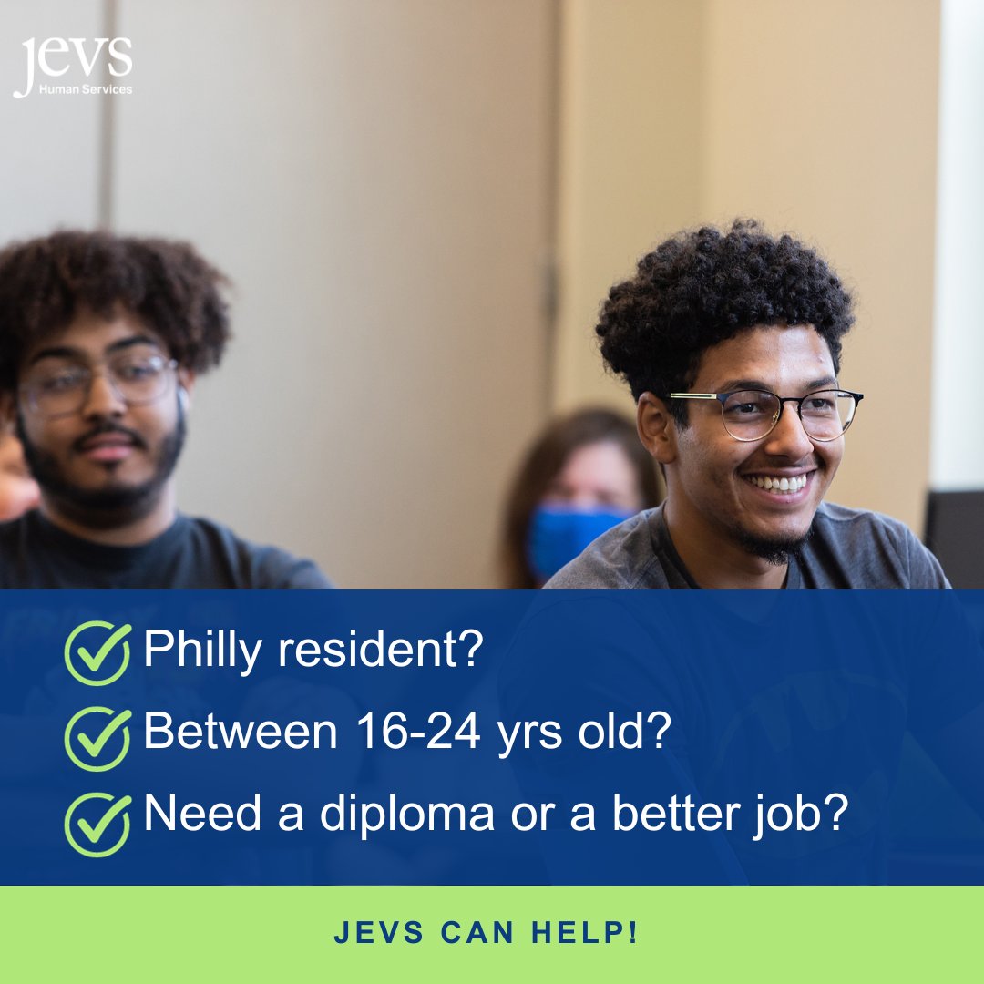 JEVS has free education &amp; job training! If you’re a Philadelphian between 16 and 24, you can earn your high school diploma, prepare for a career, &amp; even complete an IT or building maintenance apprenticeship. Plus, we’ll help you find a job. Learn more: jevshumanservices.org/programs/youth…