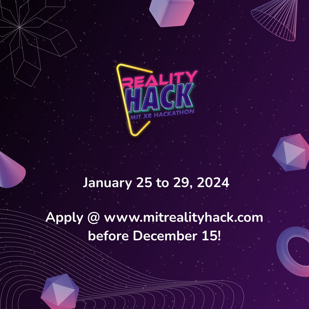 Still need to get your application in? Applications will close on December 15! Get your application in before that day ends. Come and build AR/VR projects for the age of spatial computing to help with our theme of CONNECTION. Apply at mitrealityhack.com!