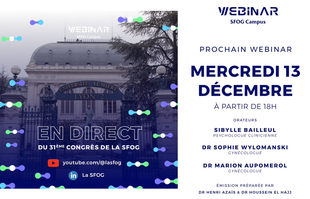 📅 Mercredi 13 décembre 2023 - 18h

Webinaire <a href="/SfogC/">SFOG campus</a> : Sexologie et psychologie en l'oncologie gynécologique pelvienne

En direct du congrès de <a href="/la_sfog/">la SFOG</a>  à Lyon et en live sur Youtube et LinkedIn :
lnkd.in/g732f4xr 

👉 calendrier : lnkd.in/egkvUPXb