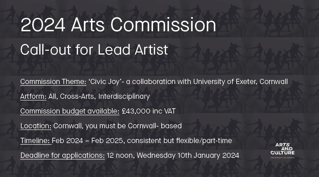 We're looking for a #Cornwall based artist-producer who is excited & ready to lead a collective of interdisciplinary creative practitioners to work alongside @UniExeCornwall to shape a creative programme exploring Civic Joy. Closes 10 January 2024 buff.ly/40Y70Sc