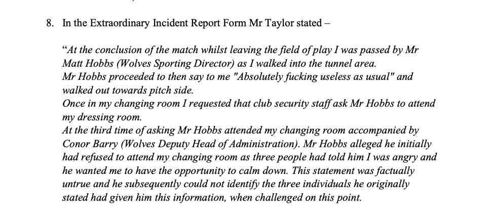 AA_Richards's tweet photo. Anthony Taylor's report on the incident with Wolves sporting director Matt Hobbs after the draw with Newcastle.

Also, according to assistant ref Adam Nunn, when Taylor initially asked Hobbs who he was, he replied "Just a fan!" - Hobbs didn't dispute the charges. #WWFC https://t.co/bYdXfwMEXJ