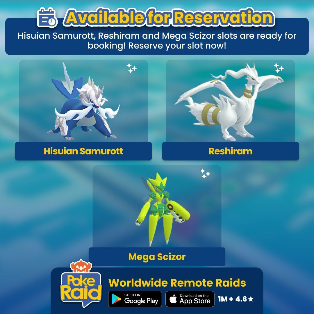 PokeRaidApp's tweet image. #HisuianSamurott, #Reshiram and #MegaScizor slots are now available for reservation. Visit the "Bookings" tab on the #PokeRaidApp to book your slot now! Check out how room reservation works: buff.ly/3T61hEb    

Find #PokemonGOfriends easily with PokeRaid!