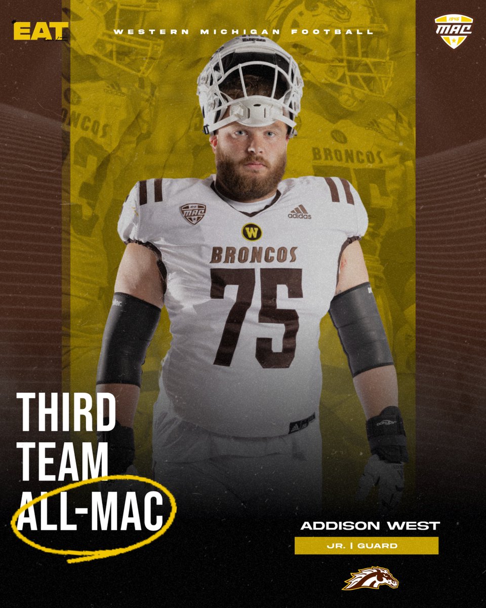 Western Michigan Football (@wmu_football) on Twitter photo Rated the top guard in the MAC and 16th-best at his position in the nation by <a href="/PFF_College/">PFF College</a>! He also helped produce one of the top offenses in the MAC.
Congratulations to Addison West (@addisonwest1) on being named Third Team All-MAC!
#EAT
#BroncosReign Rated the top guard in the MAC and 16th-best at his position in the nation by <a href="/PFF_College/">PFF College</a>! He also helped produce one of the top offenses in the MAC.
Congratulations to Addison West (@addisonwest1) on being named Third Team All-MAC!
#EAT
#BroncosReign