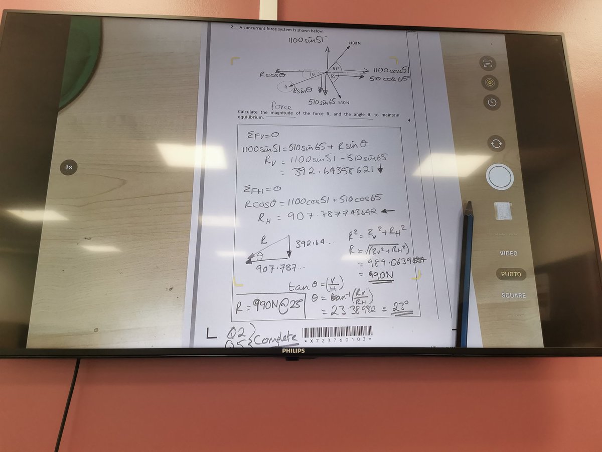 SMacGregor2's tweet photo. Teaching Higher Engineering to structure their concurrent forces calculations, finding magnitude and angle required to maintain equilibrium. Live modelling whilst the N5 pupils worked through their tasks. Able to add further annotations for support and clarity. https://t.co/0EGYPfFpIu