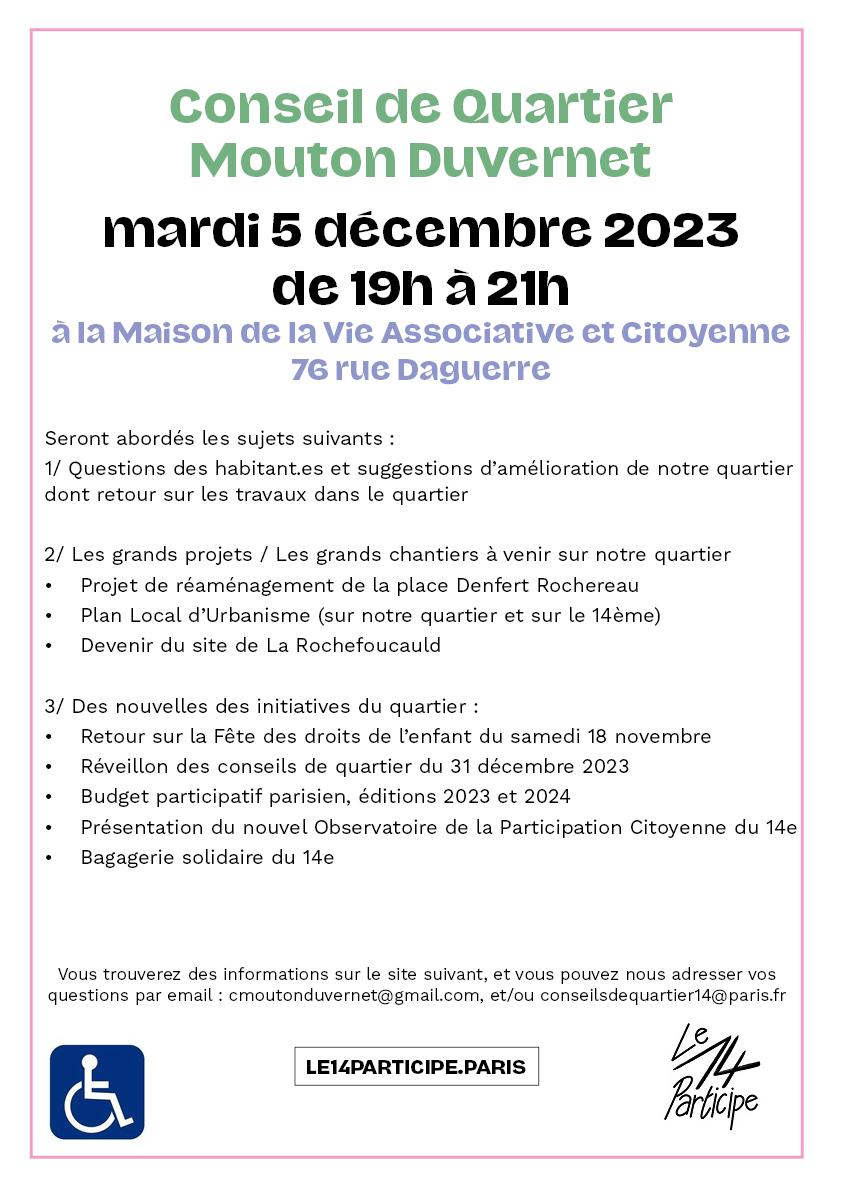 Prochaine réunion plénière du conseil de quartier
<a href="/cmoutonduvernet/">CQ Mouton-Duvernet</a> mardi 5 décembre. 
Réunion ouverte à tous, habitants et usagers du quartier, désireux de contribuer, de s'informer, d'échanger, de prendre la parole sur le quartier 💁‍♀️