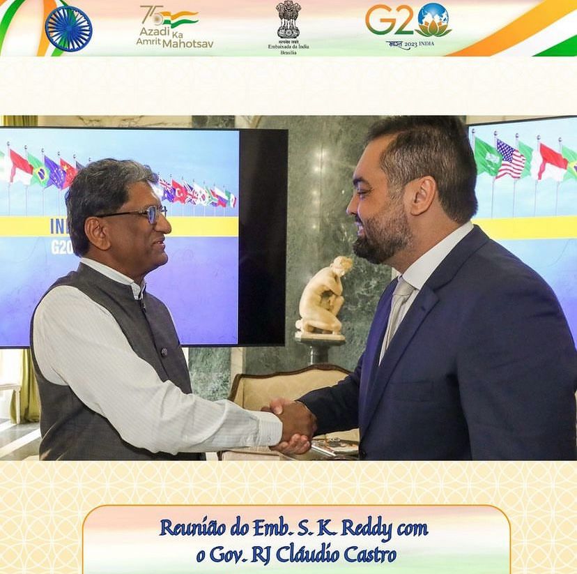 cgisaopaulo's tweet image. Message from Amb. S. K. Reddy:

A pleasure to call on @claudiocastrorj &amp;amp; exchange views on @g20org on bilateral engagement, on disaster resilience @cdri_official , on Digital Transformation in India #indiastack &amp;amp; his visit to #india

+